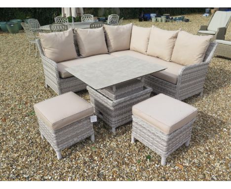 A Bramblecrest Wiltshire Mini Supreme modular sofa set with stools and adjustable dining table and cushions 