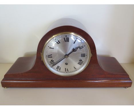 A 8 day mahogany case mantle clock 6 inch silvered dial, quarter chimes Westminster 53cm wide 