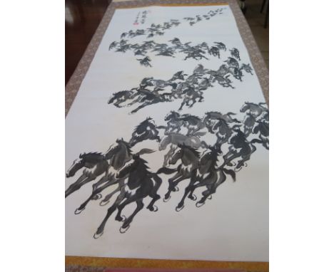 Chinese scroll - wild horses - ink and watercolour, O/A size 193cm x 77.5cm, image size 132cm x 66.5cm, inscribed with two re