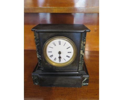 A Victorian slate mantle clock - 21cm H, with pendulum - no key - running in saleroom 