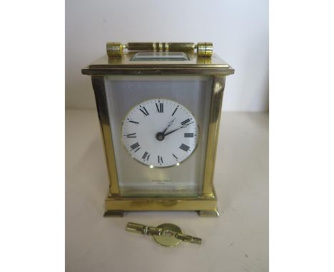 A Shortland Bowen brass carriage clock, with commemorative decoration - 13cm tall, running in saleroom, no obvious damage 