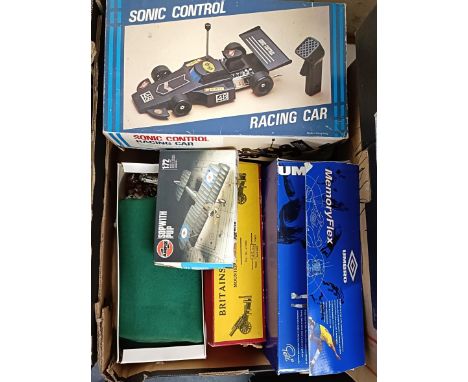 A Sonic Controlled Racing Car, boxed, assorted Subbuteo figures and accessories and other toys (2 boxes)