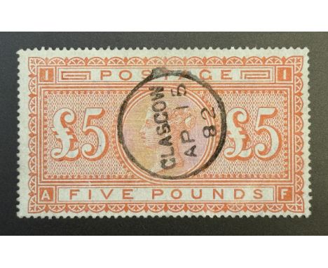 A Victorian £5 orange stamp, SG 133, Glasgow Ap 15 1882, with a Royal Philatelic Society certificate (16 August 2006)Purchase