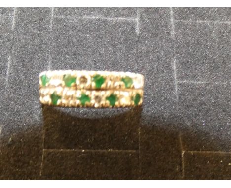 9ct Gold dress ring set with diamonds &amp; green gem stones Size R.5