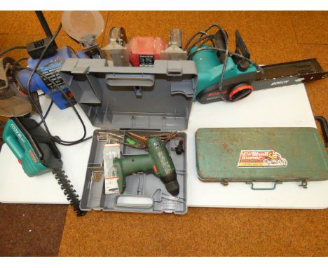 Collection of tools to include 2 bench grinders, folding paste table &amp; Bosch chain saw