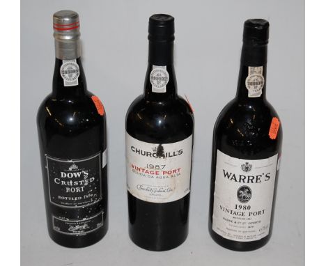Warre's Vintage Port, 1980, one bottle; Churchill's Vintage Port, 1987, one bottle; and Dow's Crusted Port, bottled 1999, one