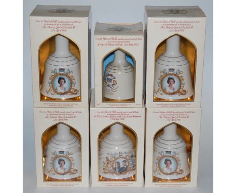 Six various boxed Bell's Royal commemorative Scotch Whisky decanters, 5x 75cl and one 50cl