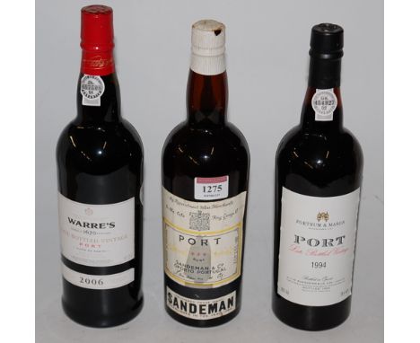 Sandeman & Co Ruby Port, one bottle; Fortnum & Mason LBV Port, 1994, one bottle; and Warre's LBV Port, 2006 one bottle (3)