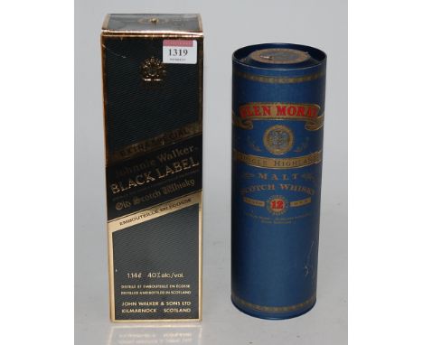 Johnnie Walker Black Label Old Scotch Whisky, 114cl, 40%, one bottle in carton; and Glen Moray Single Highland Malt aged 12 y