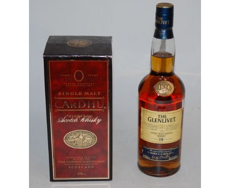 The Glenlivet guaranteed 18 years of age Single Malt Scotch Whisky, 70cl, 43%, one bottle; and Cardhu aged 12 years Single Ma