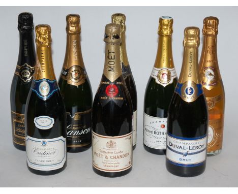 Moët & Chandon Premier Cuvée Vintage Champagne, one bottle; Oudinot Champagne, one bottle; and six other champagnes to includ