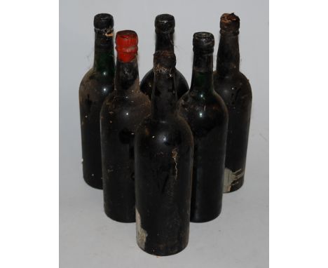 Six bottles of Vintage Port, all lacking labels, one being Noval 1970, the others with distressed capsules (levels generally 