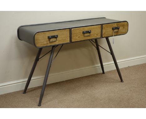 Retro industrial style pine and metal three drawer desk/console table, W121cm, H75cm, D39cm