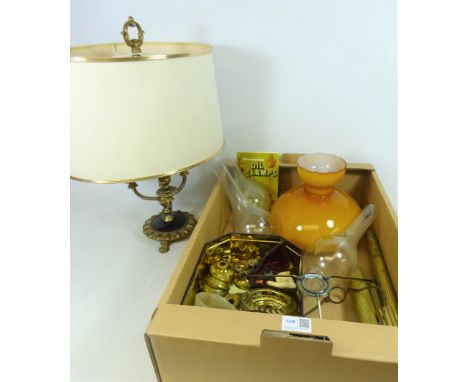 Three branch brass table lamp, Meerschaum pipe, oil lamp funnels and various other oil lamp parts in one box   Condition Repo