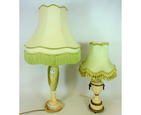 Tall onyx table lamp. H. 78cms including shade, and a polished alabaster and gilt metal classical style table lamp   (This it