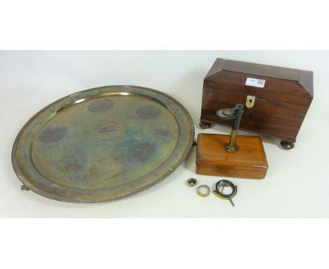 Early 19th Century Mahogany tea caddy with cross banded inlay, 19th Century miniature microscope and a mid 20th Century silve