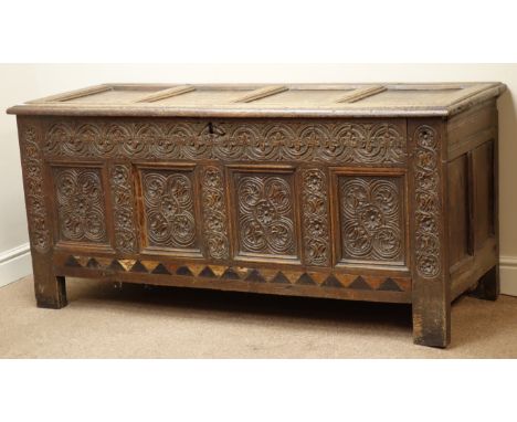 18th century carved oak four panel blanket box, W158cm, H71cm, D60cm   Condition Report   Click here for further images, cond