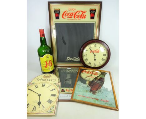 Two Coca-Cola advertising mirrors, a similar chalk board, clock, Schweppe's clock and a J & B Scotch whiskey 3L bottle    Con