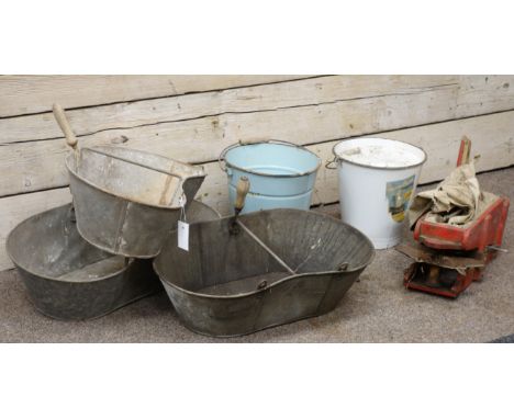 Three metal fruit picking baskets, two vintage buckets and a vintage farm seeder   Condition Report   Click here for further 