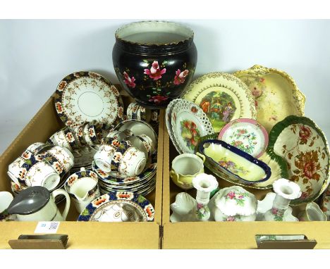 Edwardian tea service, Royal Doulton cabinet cup, Douglas no.3 jardiniere, other Victorian and later ceramics in two boxes   