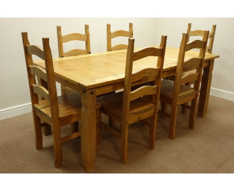 Rectangular pine dining table (183cm x 92cm, H77cm), and set six ladder back dining chairs   Condition Report   Click here fo