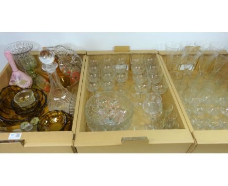 Suite of etched vintage drinking glasses, Victorian painted glass vase and other decorative glassware in three boxes   Condit
