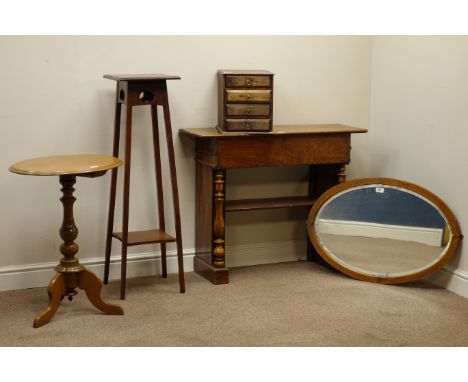 19th century rosewood side table, oval mirror, small oak chest, Victorian tripod table, stand and a large Japanese print (6) 