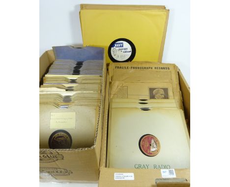 Collection of Vintage 78's vinyl records in two boxes and a set of 16" vinyl records    Condition Report   Click here for fur