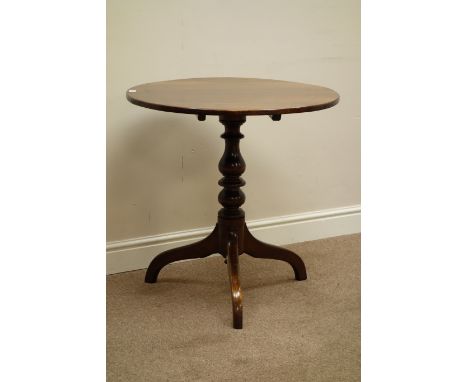 19th century mahogany circular tilt top tripod table, turned column, three splayed legs, D72cm, H71cm   Condition Report   Cl