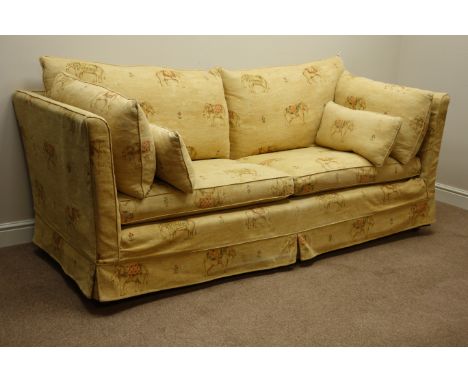 Multi-York large four seat sofa (W213cm), and matching pair armchairs (W100cm), upholstered in elephant print loose cover