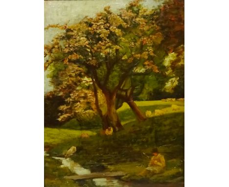 Shepherd with his Sheep under Blossoming Trees, oil on artist's board signed by R E Walker (British exh.1914), 60cm x 44cm   