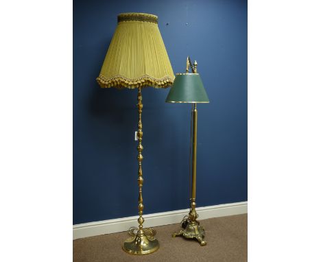Classical cast brass reading lamp with adjustable height, H147cm and a turned brass standard lamp with gold shade, H178cm  (T