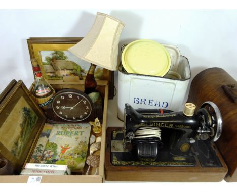 Art Deco oak cased mantle clock, two 1940's Rupert annuals, observer books, pair of watercolours, enamel bread bin, Singer se