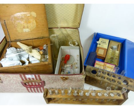 Collection of prepared microscope slides, blanks etc, vintage test tube racks, test tubes, scientific bottles and other relat