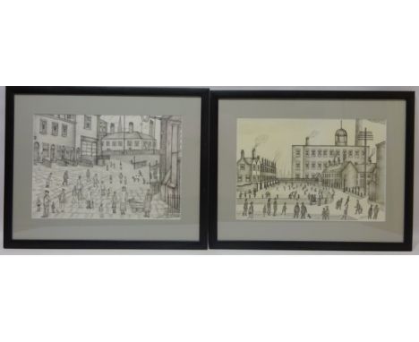 City Scape Scenes, two pencil drawings after L S Lowry indistinctly signed 28.5cm x 40.5cm and a collection of Portraits and 