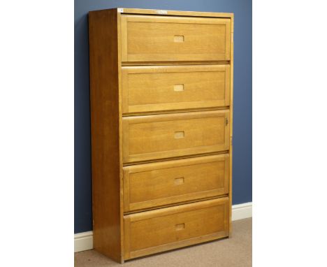 Early 20th century light oak filing cabinet, five hinged compartments, W92cm, H157cm, D36cm