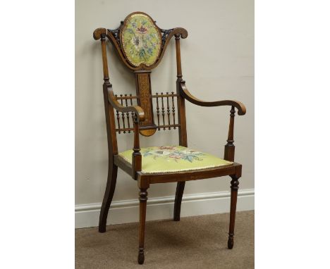 Edwardian inlaid mahogany armchair, tapestry oval back panel and tapestry seat   Condition Report   Click here for further im