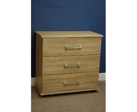 Light oak finish three drawer chest, W79cm, H77cm, D42cm   Condition Report   Click here for further images, condition, aucti