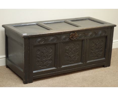 18th century oak three panel coffer with carved detail, W119cm, H51cm, D52cm   Condition Report   Click here for further imag