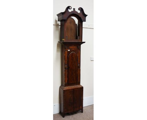 19th century mahogany longcase clock case, with beaded panels and turned mounts, H230cm   Condition Report   Click here for f