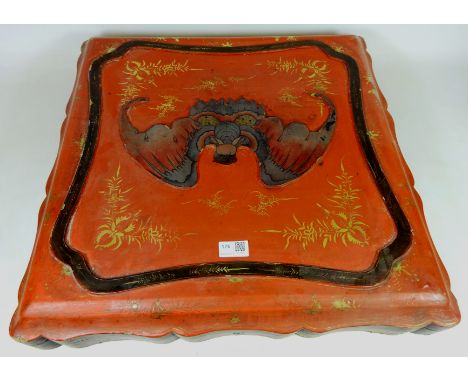 19th Century Japanese lacquered Kimono box containing a hand painted and embroidered cloth panel W56cm    Condition Report   