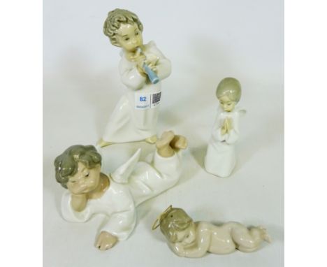 Three Lladro cherubs and a Nao angel (4)    Condition Report   Click here for further images, condition, auction times & deli