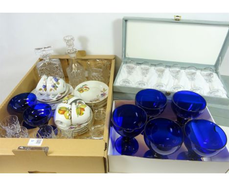 Royal Worcester 'Evesham' teaware, crystal decanter, other crystal drinking glasses, Bristol blue goblets, two Italian drinki