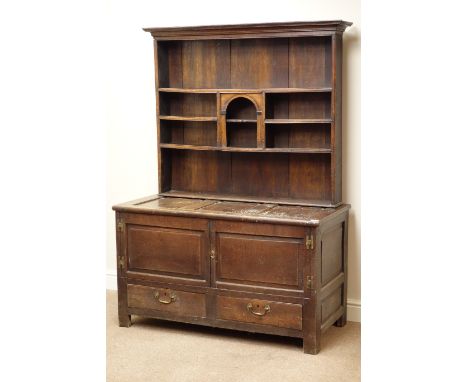 18th century oak three panel mule chest with two drawers and cupboard, raised four tier rack, W114cm, H160cm, D55cm   Conditi