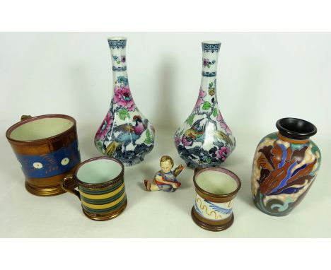 Pair of Losol Ware bottle vases decorated with birds and flowers, Gouda vase, three Victorian copper lustre mugs and a Hummel