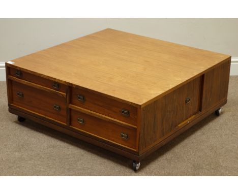 Vintage retro rosewood square coffee table, with a combination of eight drawers, on castors, 85cm x 85cm, H34cm   Condition R