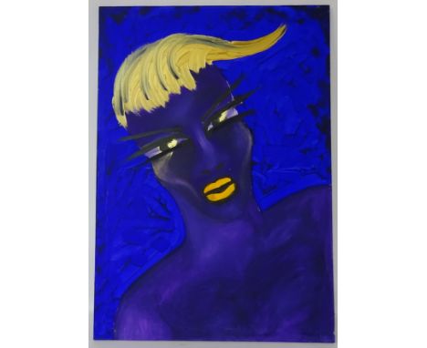 Blue Lady Portrait, contemporary acrylic on canvas by Joe Hendry (Scottish b.1966-) signed and dated '03, 100cm x 70cm   Cond
