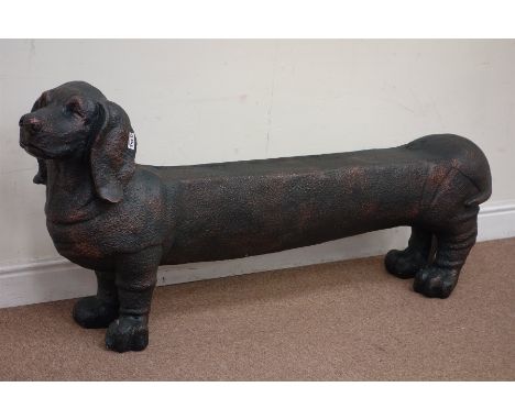 Large Dachshund bronzed composite bench, L154cm