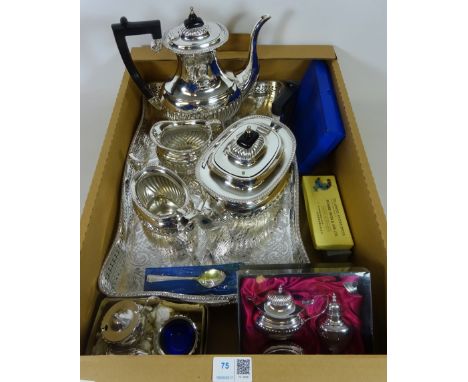 EPNS four piece tea service, rectangular tray, two boxed cruet sets and cutlery, in one box   Condition Report   Click here f