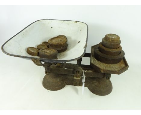 Set of large early 20th Century grocer's scales with weights    Condition Report   Click here for further images, condition, 